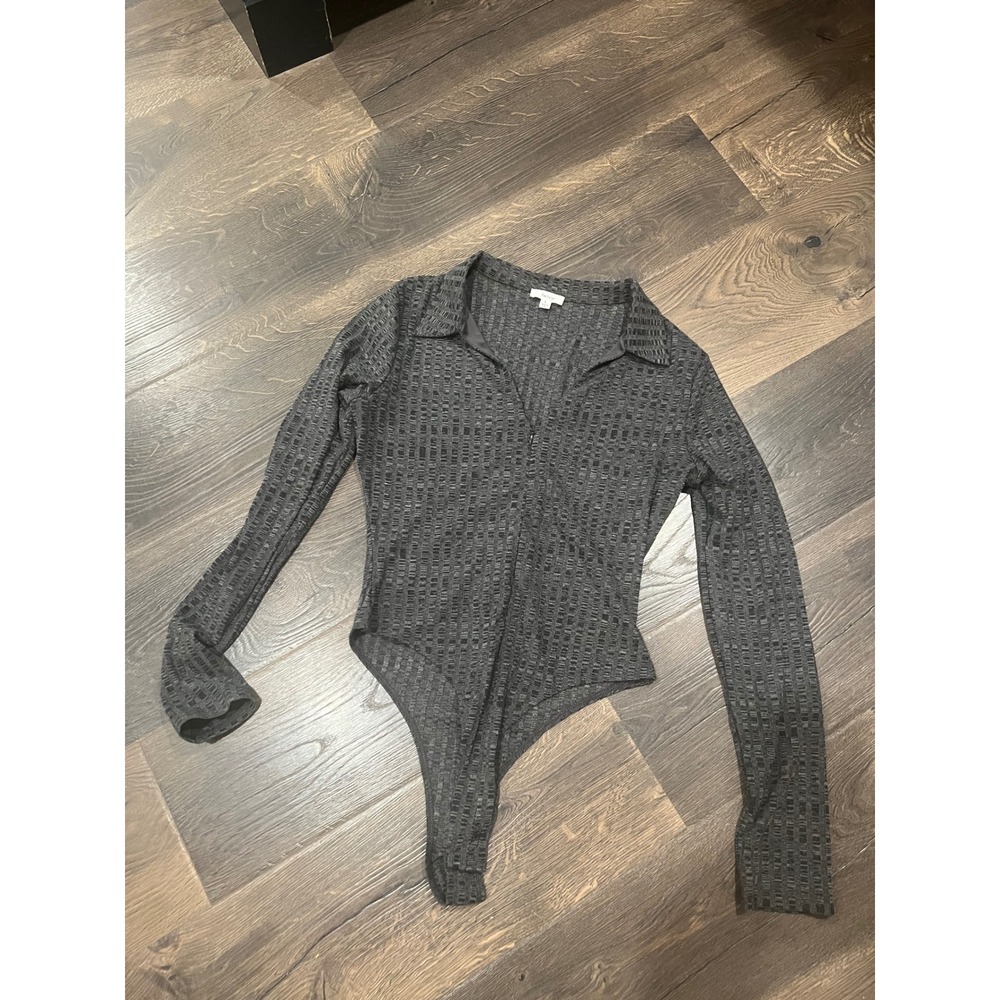 Long Sleeve Collared Knit Bodysuit Dark Gray Button Neck Slim‎ Fit Large